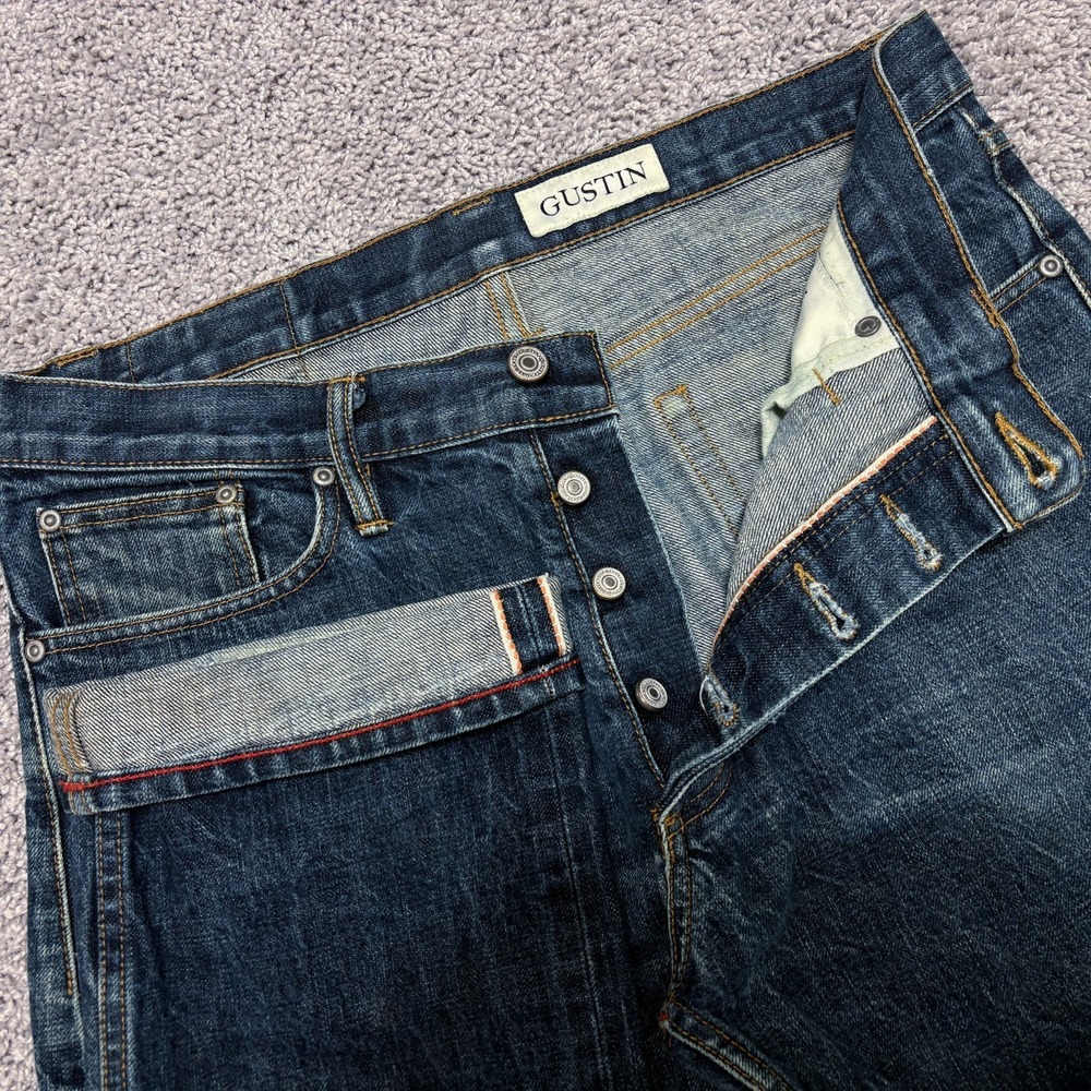 Gustin Straight Raw Selvedge Jeans Button Fly Straight Faded Mens Sz 35 (~33x34)